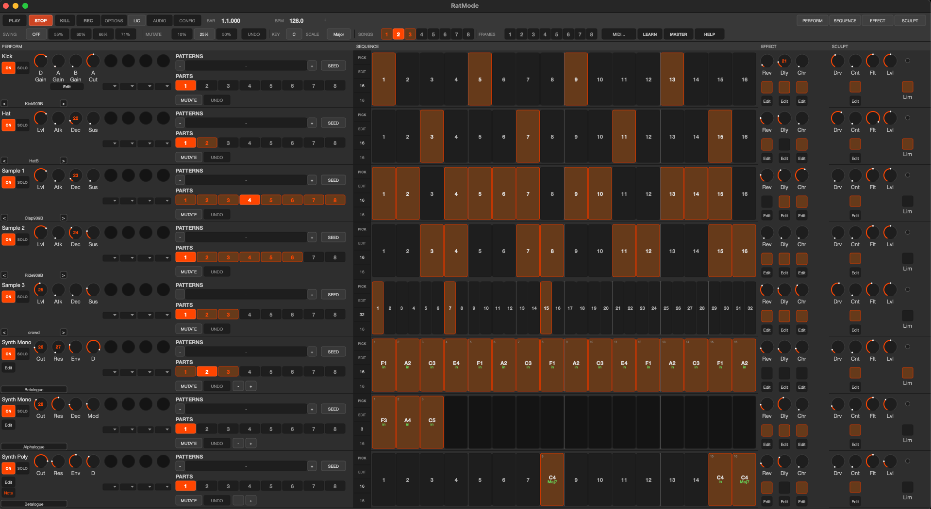 RatMode interface showing instrument pipes, sequencing controls, effects and sound controls